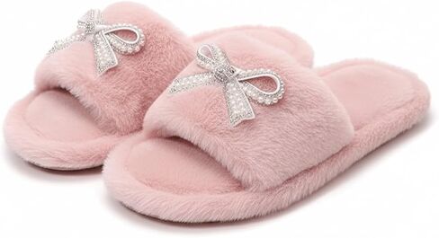 Valentines Slippers for Women Cute Bow Rhinestone Indoor House Shoes Warm Cozy Soft Plush Cute Winter Warm Fluffy Home Footwear with Non Slip Sole Valentine Day Galentines Party in Saudi Arabia