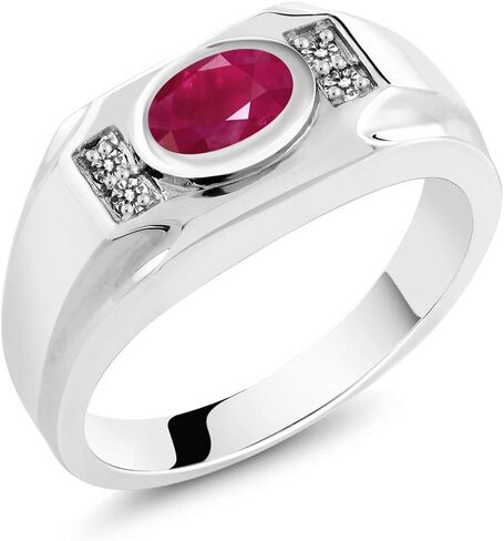 Gem Stone King Men's 925 Sterling Silver Red Ruby and White Diamond Ring (2.02 Cttw, Gemstone July Birthstone, Oval 8X6MM,) in Saudi Arabia