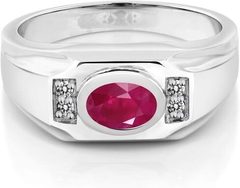 Gem Stone King Men's 925 Sterling Silver Red Ruby and White Diamond Ring (2.02 Cttw, Gemstone July Birthstone, Oval 8X6MM,) in Saudi Arabia