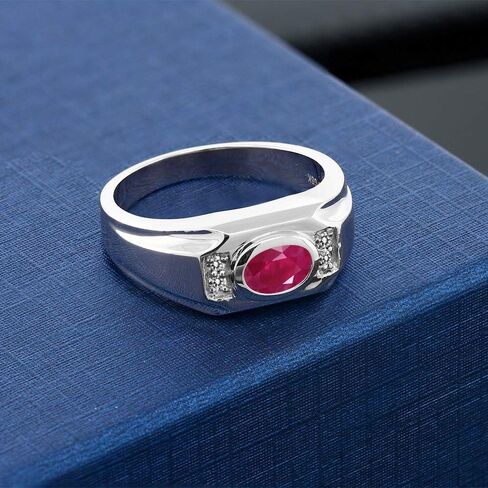 Gem Stone King Men's 925 Sterling Silver Red Ruby and White Diamond Ring (2.02 Cttw, Gemstone July Birthstone, Oval 8X6MM,) in Saudi Arabia