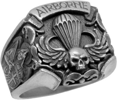 Airborne St Michael US Army Parachutist Jump Wing Skull Biker Sterling Silver 925 Mens Ring in Kuwait