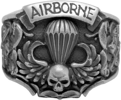 Airborne St Michael US Army Parachutist Jump Wing Skull Biker Sterling Silver 925 Mens Ring in Kuwait