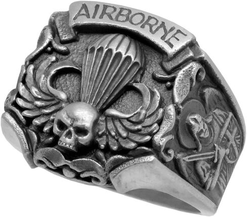 Airborne St Michael US Army Parachutist Jump Wing Skull Biker Sterling Silver 925 Mens Ring in Kuwait