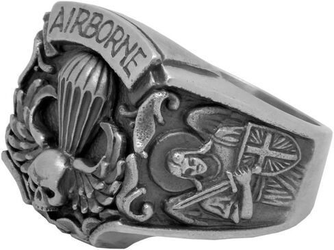 Airborne St Michael US Army Parachutist Jump Wing Skull Biker Sterling Silver 925 Mens Ring in Kuwait