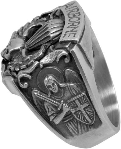 Airborne St Michael US Army Parachutist Jump Wing Skull Biker Sterling Silver 925 Mens Ring in Kuwait