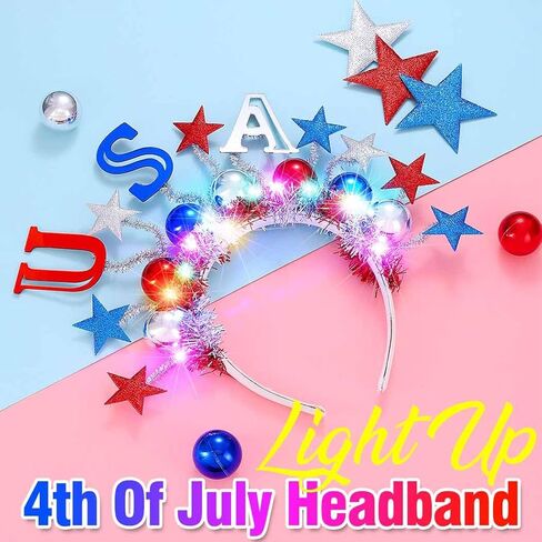 BARTOSI 4th of July Light Up Headband Patriotic Headbands Independence Day Hair Accessories for Women in Kuwait