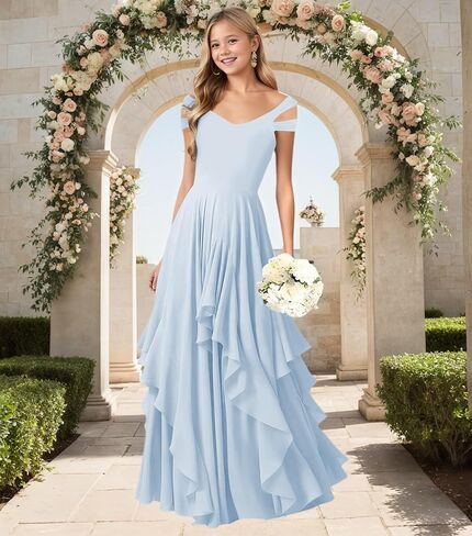 Junior Bridesmaid Dresses V Neck Chiffon Flower Girl Dress for Wedding Ruffle Girls Party Pageant Dresses in Saudi Arabia