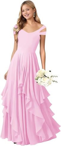 Junior Bridesmaid Dresses V Neck Chiffon Flower Girl Dress for Wedding Ruffle Girls Party Pageant Dresses in Saudi Arabia