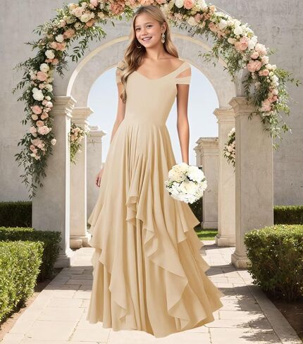 Junior Bridesmaid Dresses V Neck Chiffon Flower Girl Dress for Wedding Ruffle Girls Party Pageant Dresses in Saudi Arabia