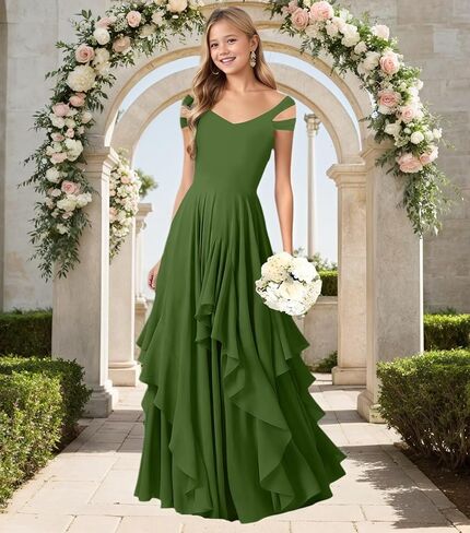 Junior Bridesmaid Dresses V Neck Chiffon Flower Girl Dress for Wedding Ruffle Girls Party Pageant Dresses in Saudi Arabia