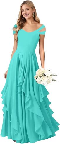 Junior Bridesmaid Dresses V Neck Chiffon Flower Girl Dress for Wedding Ruffle Girls Party Pageant Dresses in Saudi Arabia