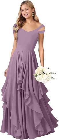 Junior Bridesmaid Dresses V Neck Chiffon Flower Girl Dress for Wedding Ruffle Girls Party Pageant Dresses in Saudi Arabia