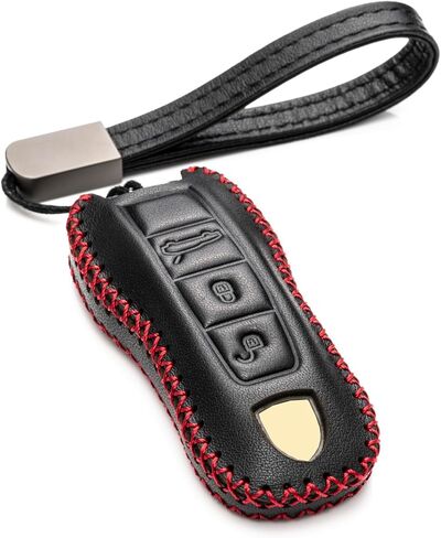 Vitodeco Genuine Leather Smart Key Fob Case Cover Protector with Leather Key Strap Compatible for 2020 - 2024 Porsche Cayenne, Macan, Panamera, 718, 911 (3-Button, Black/Red) in Kuwait