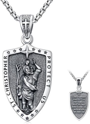 Patron Saint Necklace Amulet Necklace 925 Sterling Silver Jewelry for Men with Stainless Steel 22"+2" Chain in Kuwait