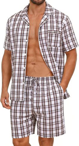 SWOMOG Mens 100% Cotton Pajama Set 2Pcs Button Down Pjs Set Short Sleeve Sleepwear with Pocket Soft Summer Stripe Nightwear in Saudi Arabia