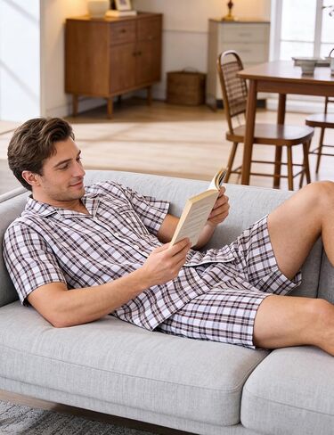 SWOMOG Mens 100% Cotton Pajama Set 2Pcs Button Down Pjs Set Short Sleeve Sleepwear with Pocket Soft Summer Stripe Nightwear in Saudi Arabia