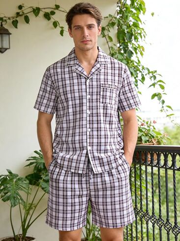 SWOMOG Mens 100% Cotton Pajama Set 2Pcs Button Down Pjs Set Short Sleeve Sleepwear with Pocket Soft Summer Stripe Nightwear in Saudi Arabia