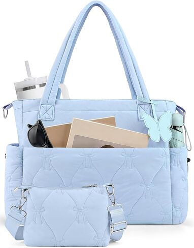 Puffer Tote Bag for Women, Lightweight Quilted Puffy Work Handbag with Zipper & Water Bottle Pocket for Teacher, Office in Saudi Arabia