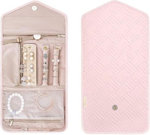 SMONT مجوهرات رول منظم مجوهرات السفر رول اب منظم الحقيبة حقيبة سفر صغيرة قابلة للطي حامل مجوهرات للنساء السفر مجوهرات منظم حالة تخزين مريحة الوردي in Kuwait