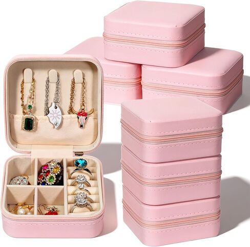10 Pack Travel Jewelry Box Mini Jewelry Case Bridesmaid Gifts Jewelrys Box, PU Leather Small Jewelrys Case Organizer Storage for Rings Earrings Necklaces, Beauty Gifts for Women Girls (Pink) in Saudi Arabia