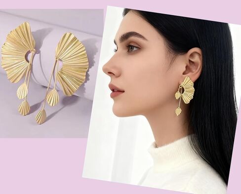 4 أزواج من الأقراط الذهبية للنساء، أقراط هندسية كبيرة على شكل أوراق شجر على شكل زهور، هدية مجوهرات عصرية in Kuwait