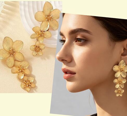 4 أزواج من الأقراط الذهبية للنساء، أقراط هندسية كبيرة على شكل أوراق شجر على شكل زهور، هدية مجوهرات عصرية in Kuwait