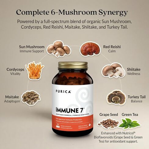PURICA Mushroom Supplement Complex - Daily Immune Support 7, Turkey Tail, Cordyceps, Reishi, Maitake, Shiitake, Sun Mushroom - Functional Mushroom Vitamins in Capsules, Mushroom Supplements for Health in Saudi Arabia