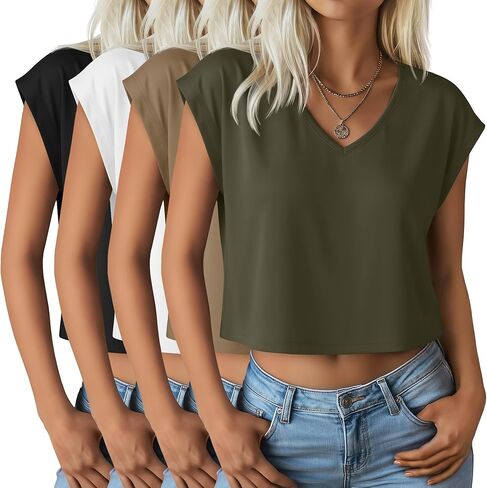 4 Pack Women's V Neck Cropped Tops Cap Sleeves Short T Shirts Loose Fit Casual Summer Crop Basic Solid Tees in Kuwait