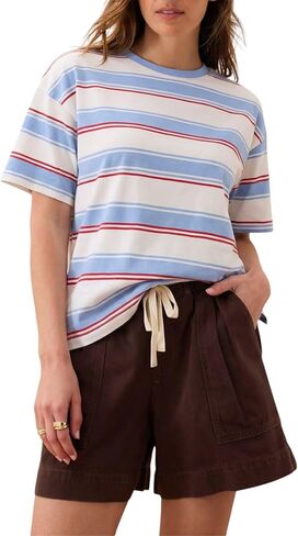 تي شيرت Allimy نسائي عتيق مقصوص بأكمام قصيرة مخطط تي شيرت فضفاض مناسب بلوزات صيفية غير رسمية in Kuwait