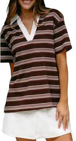 تي شيرت نسائي مخطط بأكمام قصيرة راجلان تي شيرت فضفاض مناسب برقبة على شكل حرف V قميص بولو صيفي كاجوال in Kuwait