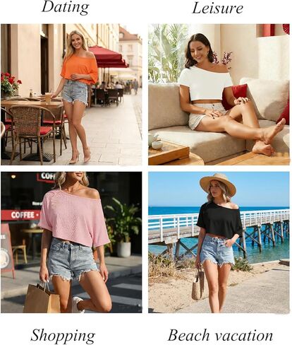 Eniloyal Women's Off The Shoulder Tops Loose Crop T Shirt Boat Neck Batwing Sleeve Oversized Summer Workout Tee Shirt in Kuwait