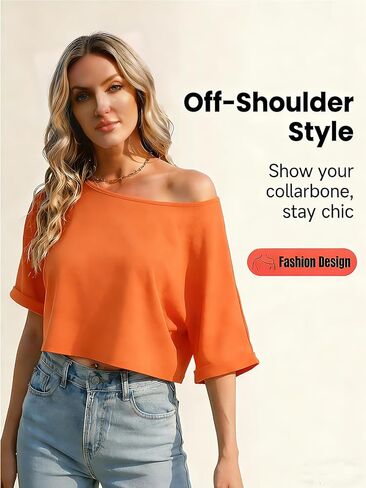 Eniloyal Women's Off The Shoulder Tops Loose Crop T Shirt Boat Neck Batwing Sleeve Oversized Summer Workout Tee Shirt in Kuwait