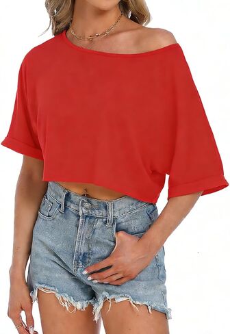 Eniloyal Women's Off The Shoulder Tops Loose Crop T Shirt Boat Neck Batwing Sleeve Oversized Summer Workout Tee Shirt in Kuwait