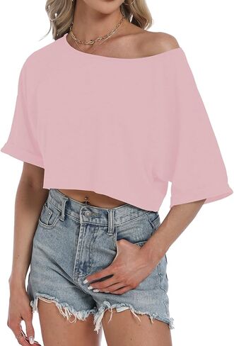 Eniloyal Women's Off The Shoulder Tops Loose Crop T Shirt Boat Neck Batwing Sleeve Oversized Summer Workout Tee Shirt in Kuwait