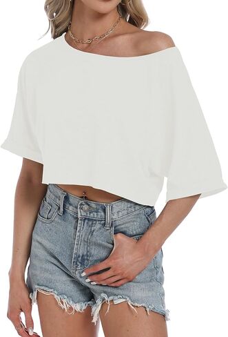 Eniloyal Women's Off The Shoulder Tops Loose Crop T Shirt Boat Neck Batwing Sleeve Oversized Summer Workout Tee Shirt in Kuwait