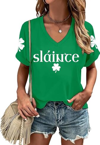 St Patricks Day Shirts for Women Saint Patricks Day T-Shirts V-Neck Shamrock Irish Slaince Tee Tops in Saudi Arabia