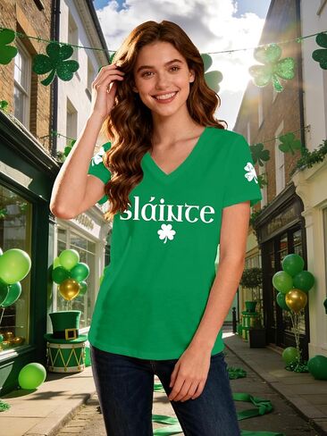 St Patricks Day Shirts for Women Saint Patricks Day T-Shirts V-Neck Shamrock Irish Slaince Tee Tops in Saudi Arabia