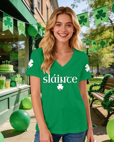 St Patricks Day Shirts for Women Saint Patricks Day T-Shirts V-Neck Shamrock Irish Slaince Tee Tops in Saudi Arabia