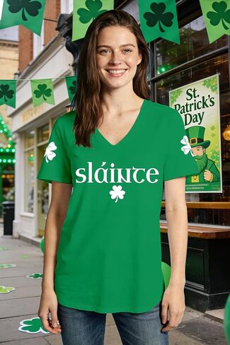 St Patricks Day Shirts for Women Saint Patricks Day T-Shirts V-Neck Shamrock Irish Slaince Tee Tops in Saudi Arabia