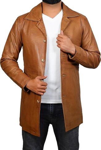 Mens Winchester Distressed Brown Leather Jacket - Classic Vintage Hunter Style Mid 3/4 Length Trench Car Coat in Kuwait