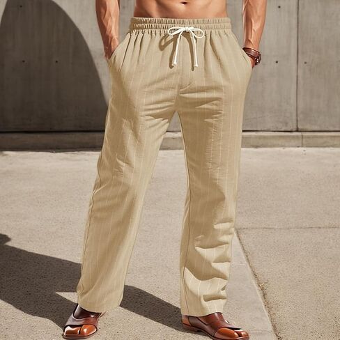 Men's Striped Casual Pants Linen Elastic Waist Drawstring Trousers Beach Yoga Athletic Work Pant with Pockets in Saudi Arabia
