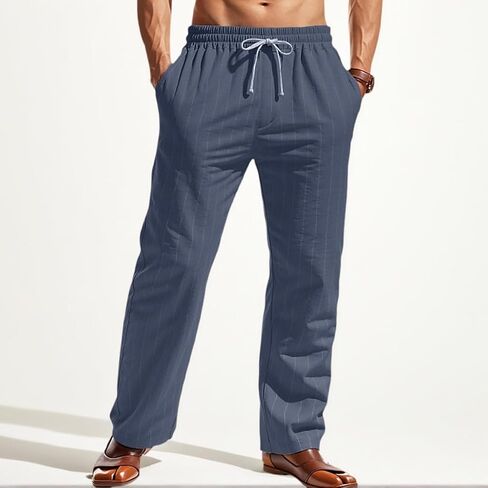 Men's Striped Casual Pants Linen Elastic Waist Drawstring Trousers Beach Yoga Athletic Work Pant with Pockets in Saudi Arabia