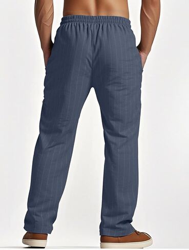 Men's Striped Casual Pants Linen Elastic Waist Drawstring Trousers Beach Yoga Athletic Work Pant with Pockets in Saudi Arabia