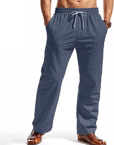 Men's Striped Casual Pants Linen Elastic Waist Drawstring Trousers Beach Yoga Athletic Work Pant with Pockets in Saudi Arabia