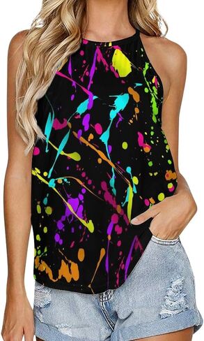 Glow in Dark Splatter Neon Women's Round Neck Vest Sleeveless Tank Tops Casual T-Shirts in Kuwait