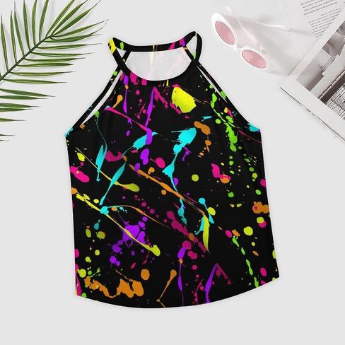 Glow in Dark Splatter Neon Women's Round Neck Vest Sleeveless Tank Tops Casual T-Shirts in Kuwait