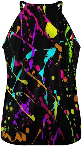 Glow in Dark Splatter Neon Women's Round Neck Vest Sleeveless Tank Tops Casual T-Shirts in Kuwait