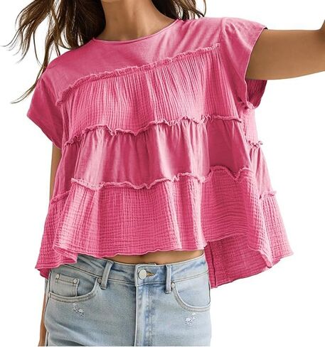 Peplum Tops for Women Crew-Neck Ruffled Bobydoll Tunic Tank Shirts Casual Loose Fit Summer Outfits 2025 Trendy in Saudi Arabia
