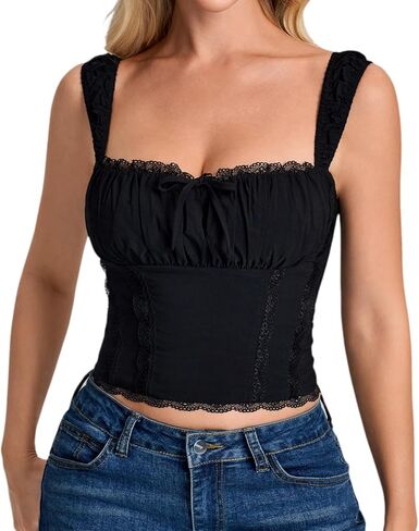XinFSh Women's Summer Lace Going Out Crop Tank Tops Cute Square Neck Sleeveless Ruched Y2k Top Trendy in Kuwait
