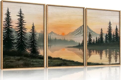 LHIUEM طبيعة جبل غروب الشمس مؤطرة قماش جدار الفن، بوهو أشجار الصنوبر ديكور الحائط، لوحة بحيرة غابة غروب الشمس، الأعمال الفنية الحديثة المناظر الطبيعية لغرفة المعيشة، غرفة نوم، غرفة الطعام - 16 "× 24" × 3 in Kuwait